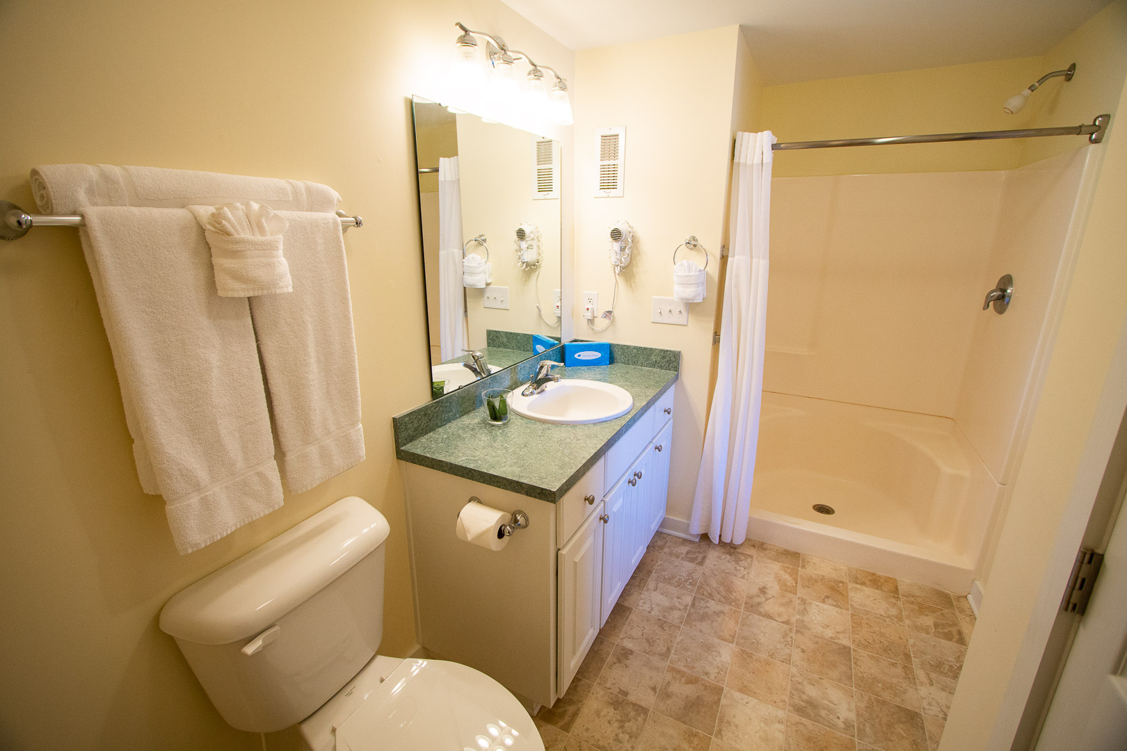 A clean bathroom at VRI's Sandcastle Village in New Bern, North Carolina.